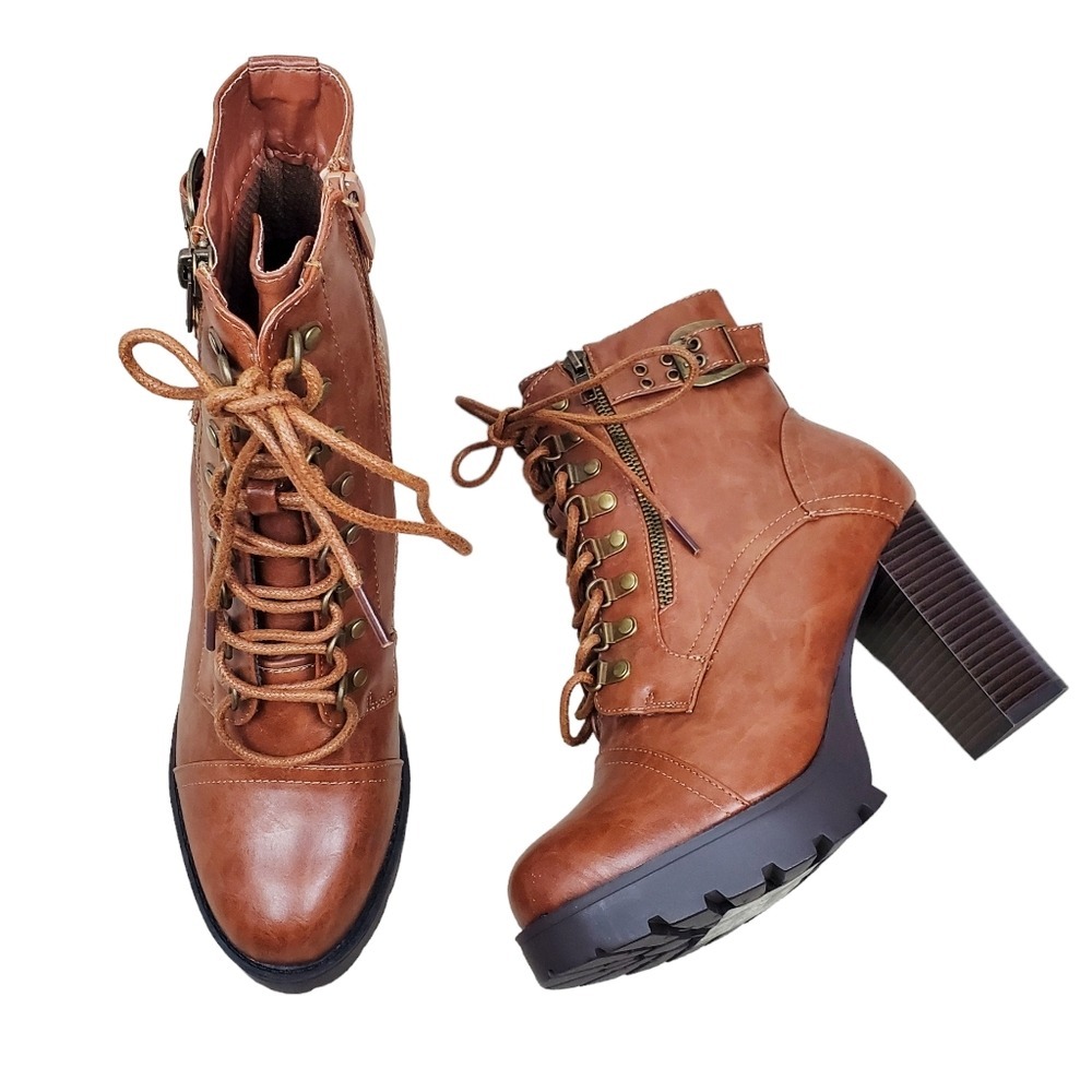 Forever 21 Womens Brown Faux Leather Lace Up Boots Size 9